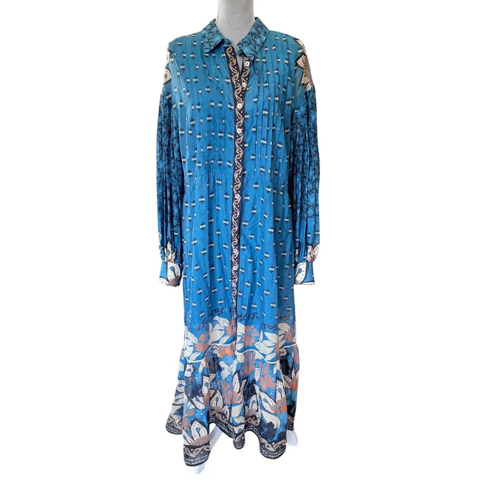 Farm Rio Blue Ainika Chill Maxi Shirtdress Pintuck Balloon Sleeve Cotton, L - Picture 2 of 11